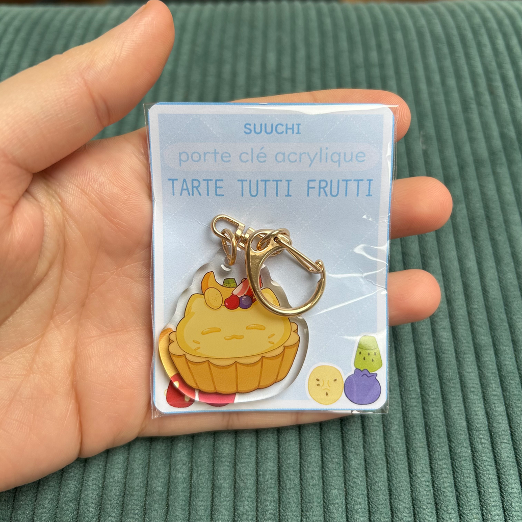 Porte clés tarte chat aux fruits