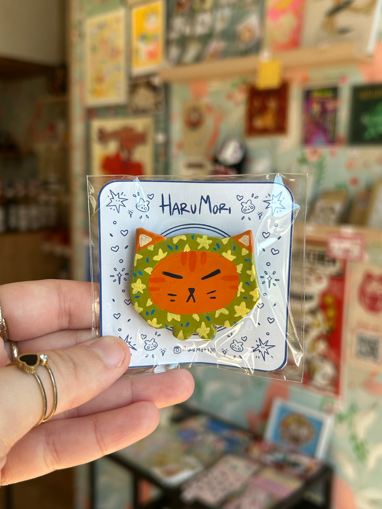 Handmade Animal Magnets - Chat roux - bandeau vert