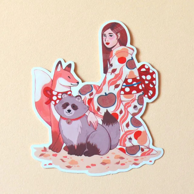 Sticker - La fille, le Kitsune et le Tanuki - Amypiou
